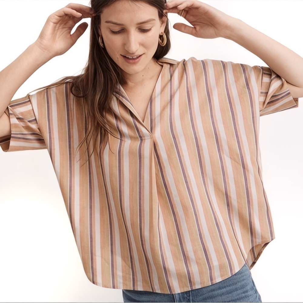 Madewell Courier Top Sz L Cotton Short Sleeve Boxy Relaxed Striped Blouse